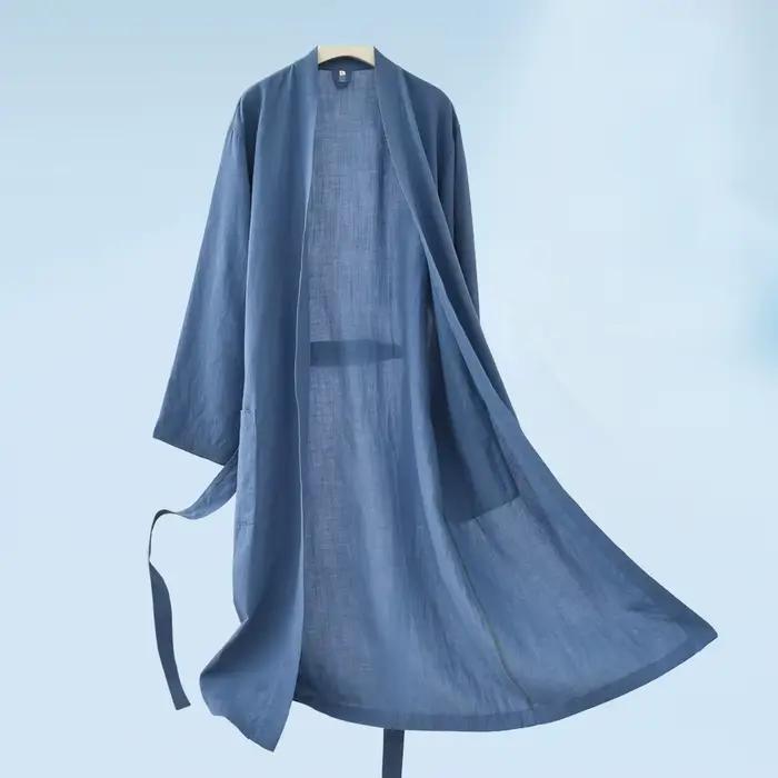 30% ľan 70% Tencel Kimono župan Šaty pre ženy a mužov nočná košeľa voľné nočné oblečenie Homewear jednofarebné