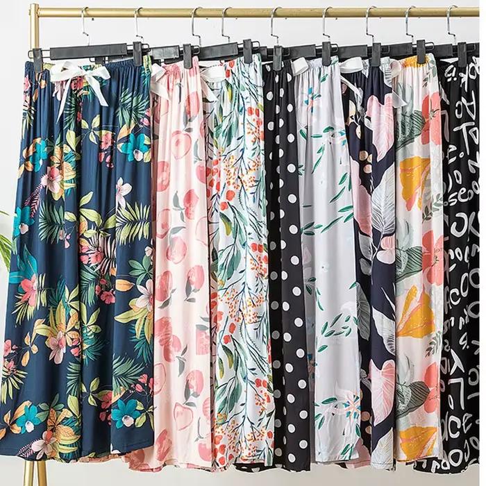 Pantalon de pyjama pour femmes, pantalon de maison, bas de sommeil fin, imprimé Floral, jambes larges, ample, grande taille, été