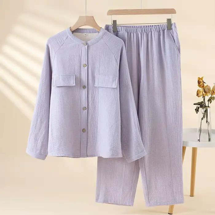 2025 coton et lin pyjamas pour femmes automne à manches longues pantalon ensemble de vêtements de détente col montant couleur unie Pijama 2 pièces