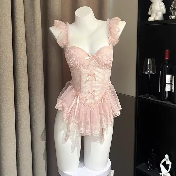 Bustier français pour femmes, corset, petite poitrine, soutien-gorge, ensemble de sous-vêtements, broderie, culotte, ensembles brefs, lingerie pour dames