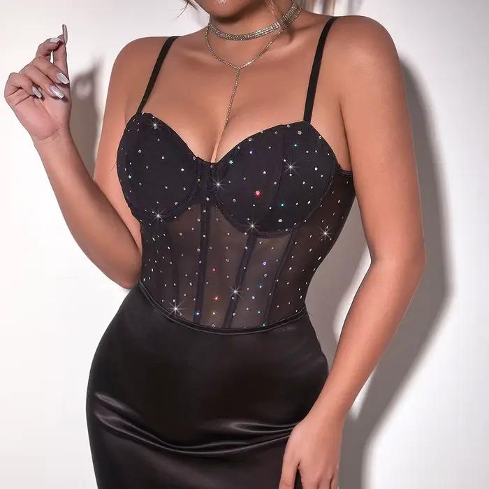 BornToGirl – Body Camisole Sexy pour femmes, noir, moulant, col en V, une pièce, Slim, paillettes, salopette, hauts, Body Y2K