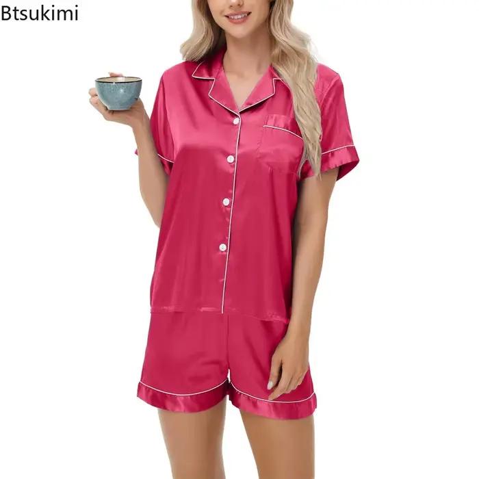 Ensemble de pyjamas pour femmes, vêtements de nuit en satin, hauts boutonnés et shorts, pyjama 2 pièces, pyjama femme, vêtements de nuit pour l'été