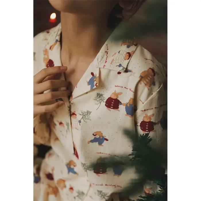 Ensemble pyjama confortable imprimé ours pour femmes, pyjama de noël en coton doux, mignon, vêtements de nuit de vacances, manches longues, vêtements de détente, cadeau pour petite amie