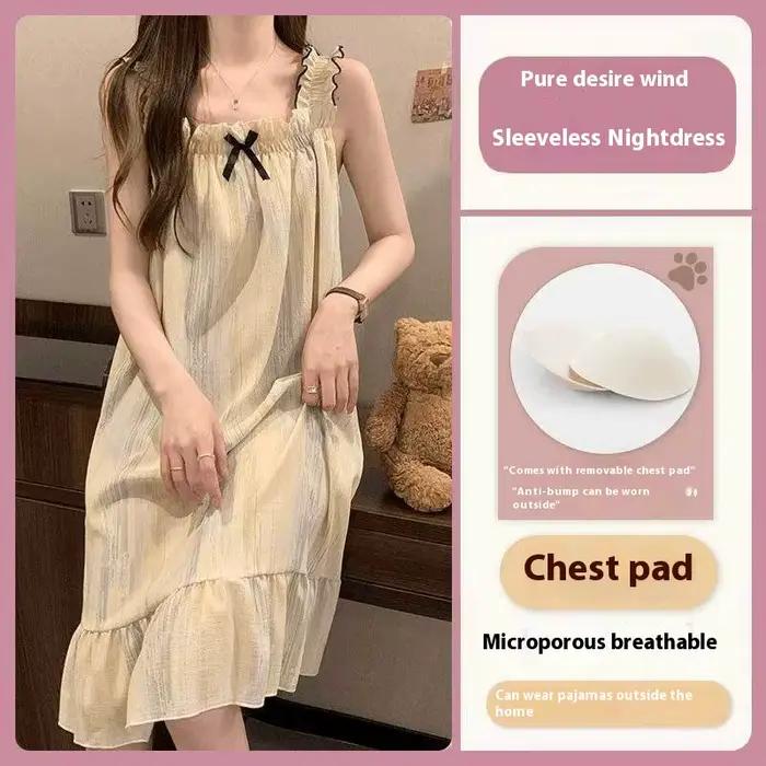 Chemise de nuit pour femme élégante sans manches polyester été mi-mollet tricotée pour dormir et sorties