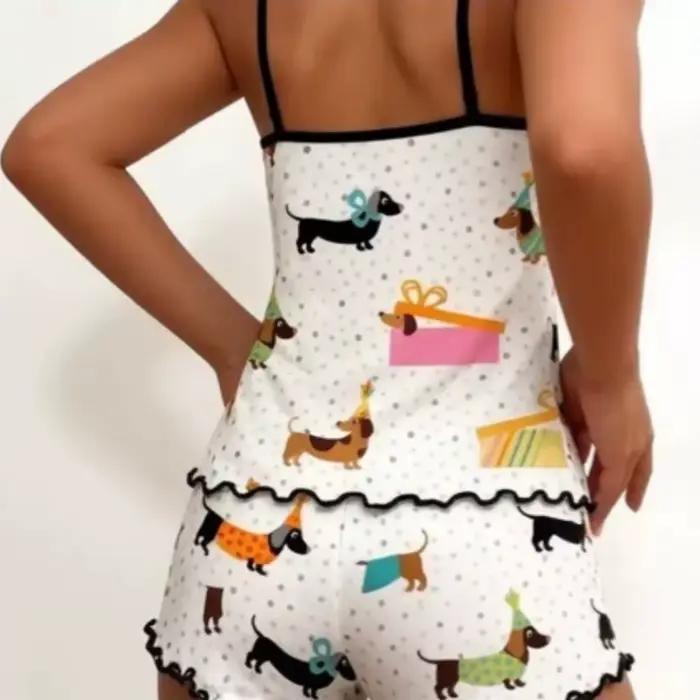 Ensemble pyjama à bretelles fines et short pour femme, imprimé Teckel, avec ourlet à volants
