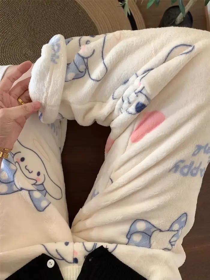 Pantalon de pyjama en flanelle Sanrio Cinnamoroll pour femme, motif dessin animé, automne et hiver, en velours corail, décontracté, pour la maison et le sommeil