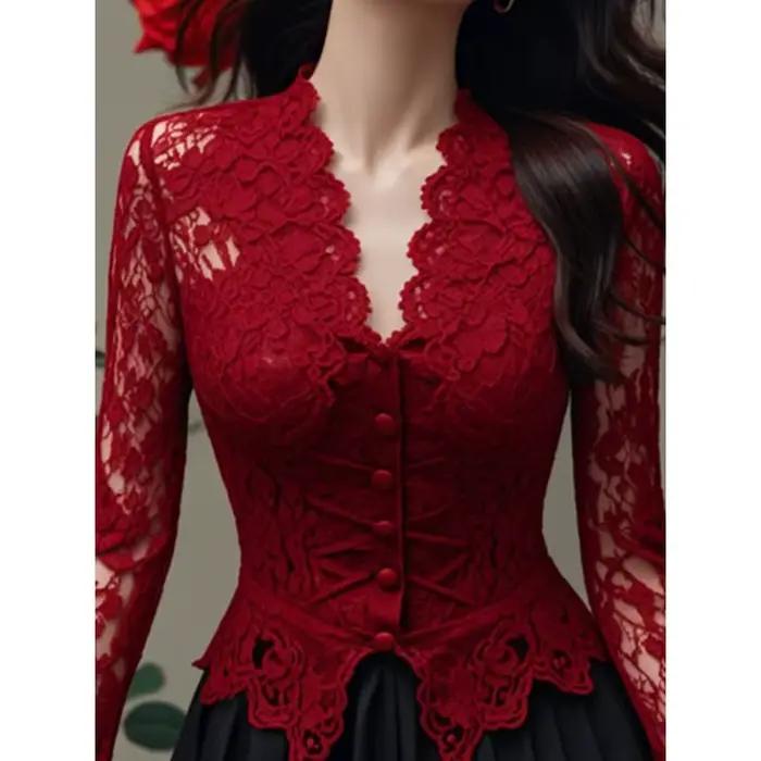 Haut corset en dentelle rouge pour femme, manches longues, bouton sur le devant, chemisier formel