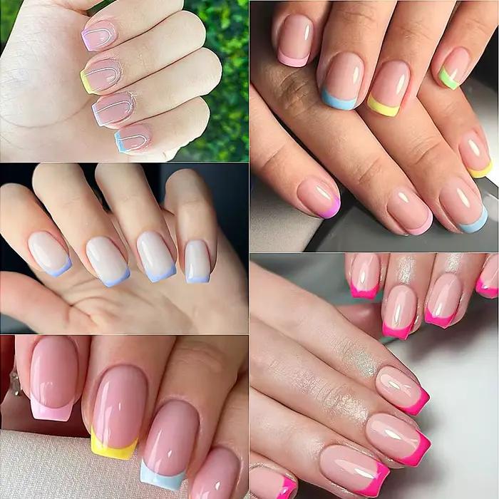 Boîte de 240 faux ongles carrés courts en couleurs douces rose/vert/violet pour femmes occassions spéciales manucure artificielle
