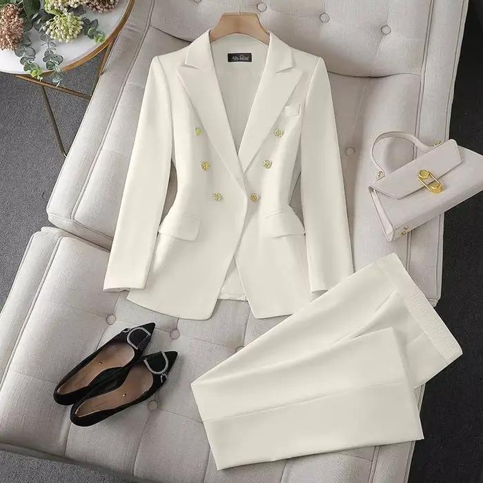 Dvojdielny kórejský módny set: Saká so sťahovacím golierom a úzke nohavice s dlhými rukávmi pre ženy – Elegantný kancelársky outfit