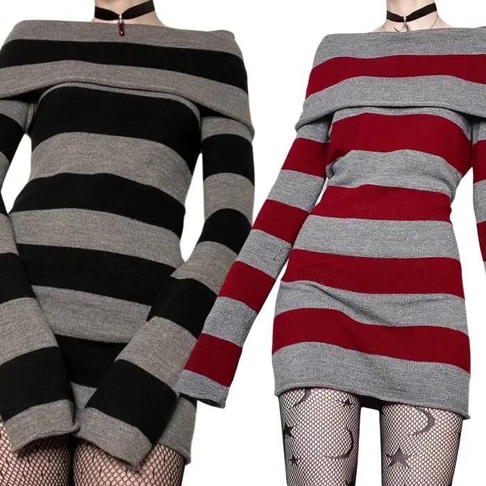 Y2K Pruhované Mini Šaty Mall Goth Grunge Emo Priliehavé Elegantné Pre Ženy S Odhalenými Ramenami Dlhé Rukávy Slim Fit