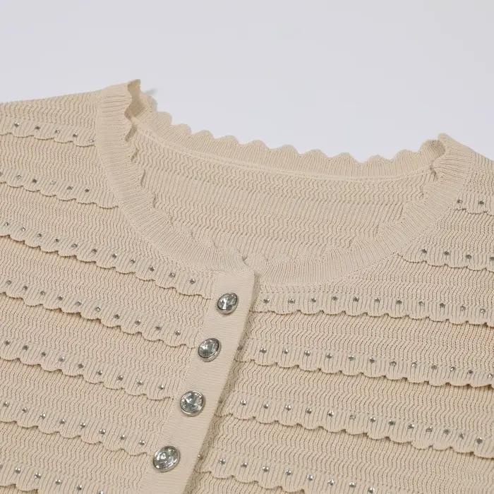 Súprava cardigan + tielko + polosukňa z čipkovaného úpletu s kamienkami