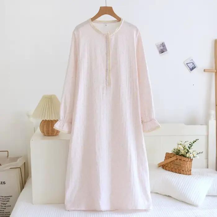 Chemise de nuit ultra-douce 100 % pur coton double gaze pour femme, respirante, motif floral frais, manches longues, robe de détente