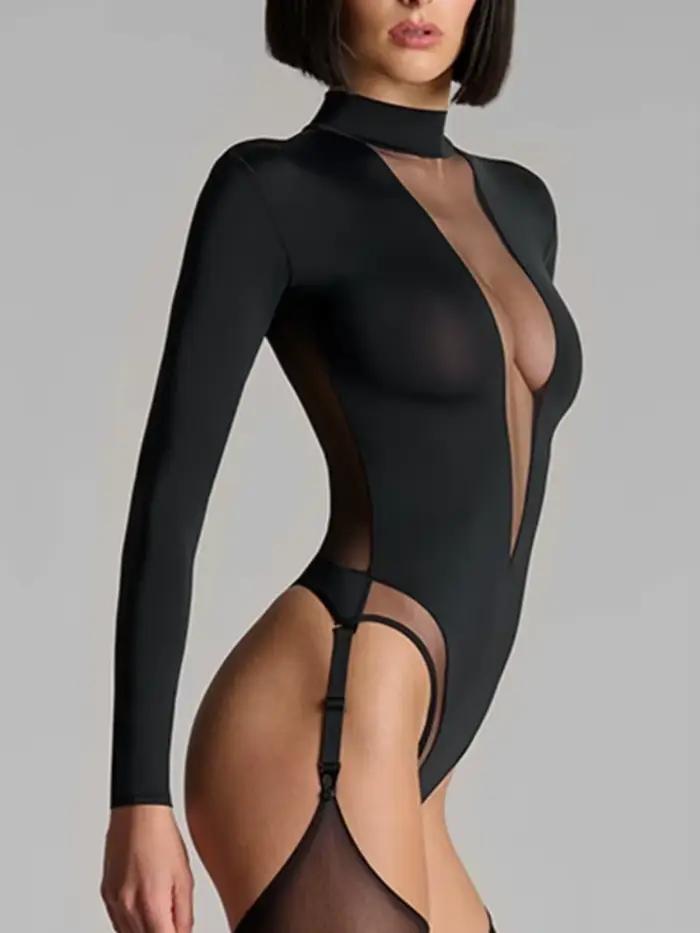Européenne et Américaine sexy épicée fille dentelle solide couleur à manches longues body printemps et automne femmes sexy slim fit tops