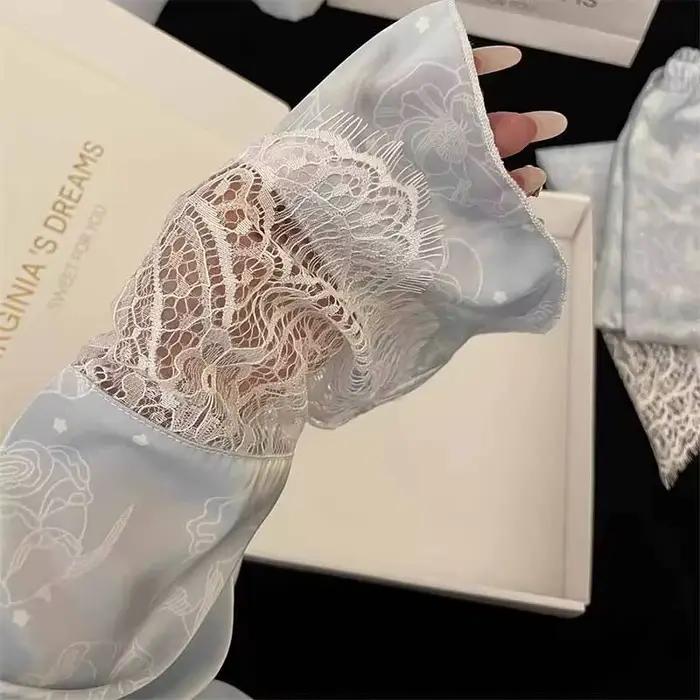 Soie deux pièces dames ensemble Pijama automne Floral à manches longues boutonné haut et pantalon vêtements de nuit femme vêtements de nuit Sexy Pyjamas ensemble