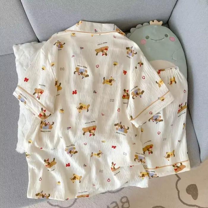 Pyjama d'été pour femme, style fin avec motif chiot, short à manches courtes, doux et mignon, peut être porté à l'extérieur en été, ensemble de vêtements de maison, ensemble deux pièces