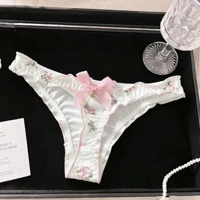 Culottes pour femmes et adolescentes, style lingerie, avec nœud mignon, à volants et motifs floraux, en soie glacée, taille basse, imprimées