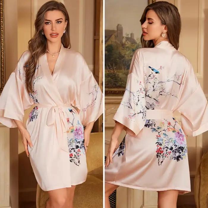 Robe de Nuit en Satin Bleu Marine à Imprimé Floral pour Femme, Kimono, Peignoir, Vêtement de Maison, Printemps et Été