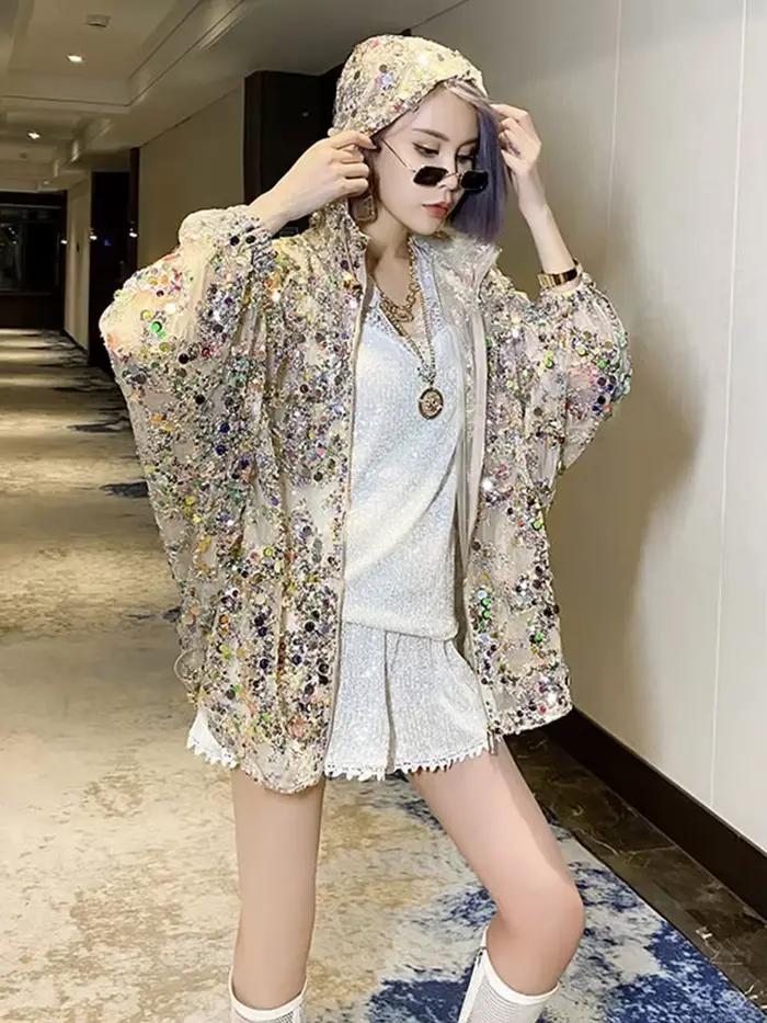 Letná britská streetwear dámska trblietavá kapucňa voľné bundy ženy Vintage zipsy kabáty