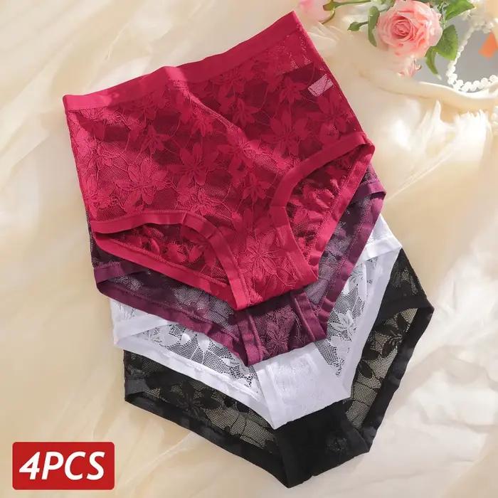 FINETOO Lot de 4 culottes taille haute en dentelle florale pour femme, couleur unie, respirantes, confortables, lingerie transparente