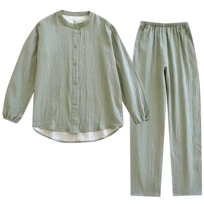 Pyjama en gaze de coton teint à pois pour femmes, ensemble de nuit Simple et décontracté à manches longues et col rond