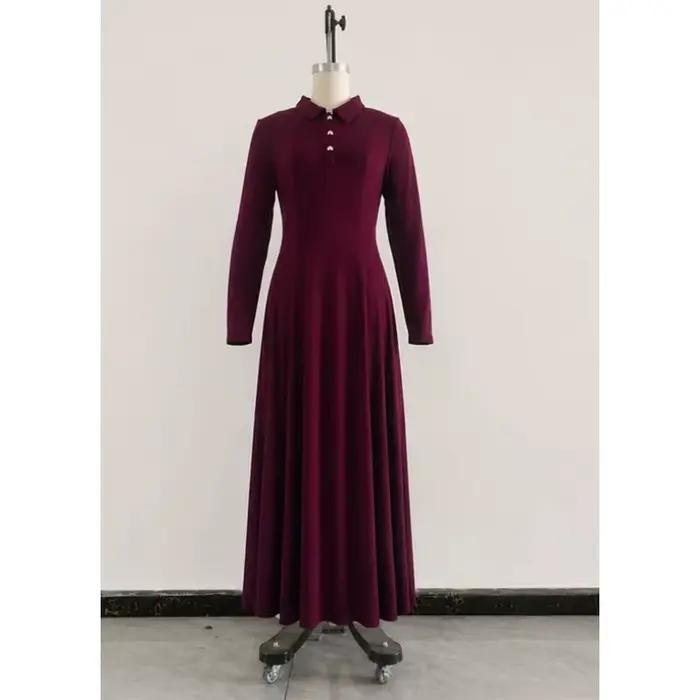 Robe longue élégante pour femme à manches longues, style corset, col polo, taille ajustée, plissée, unie, pour soirée, bureau, mariage