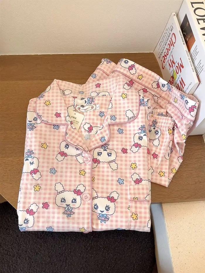 Ensemble pyjama imprimé Tamagotchi – Vêtements de nuit d'été en coton à manches courtes pour femmes (Shorts et haut de nuit mignons de dessin animé)