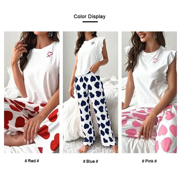 Ensemble de pyjama imprimé cœur et lettre pour femme, manches courtes, pantalon taille élastique, vêtements de maison décontractés