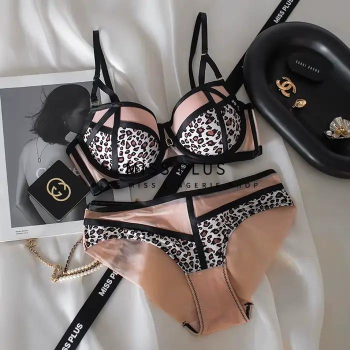 Ensemble de Lingerie léopard Sexy, ceinture fine creuse rassemblée pour collecter les seins, soutien-gorge sur le bas fin, ensemble de soutien-gorge avec anneau en acier doux et épais
