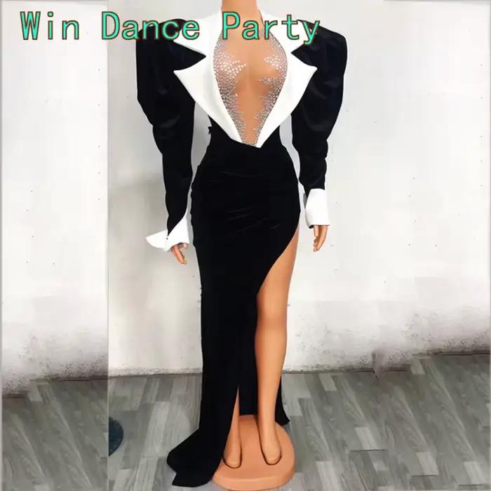 Body Sexy en velours noir à grandes manches, 2 pièces, jupe longue à queue, tenue de danse pour célébration d'anniversaire, Costume de soirée de chanteur pour femmes