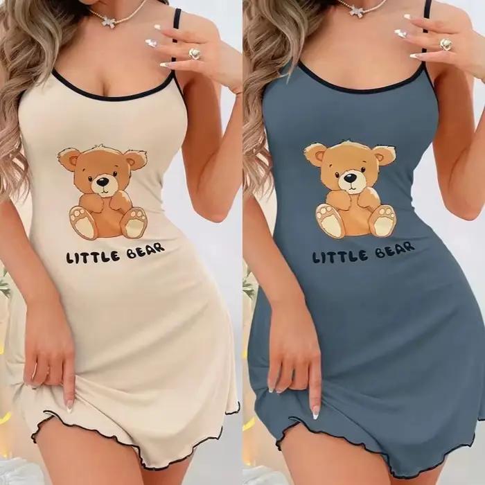 Robe d'été à bretelles pour femme, mini-robe de nuit confortable pour la maison, pyjama sexy imprimé petit ours