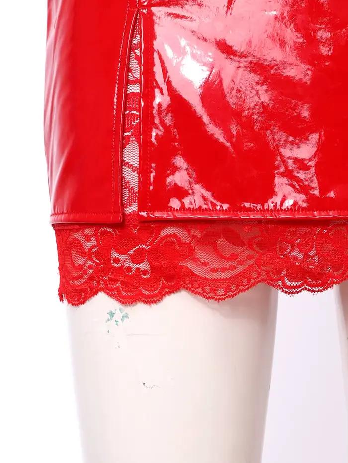 Jupe mini moulante en similicuir PU brillant pour femme, style latex, avec fente, effet mouillé, doublure en dentelle florale, taille haute, à volants, tenue de club