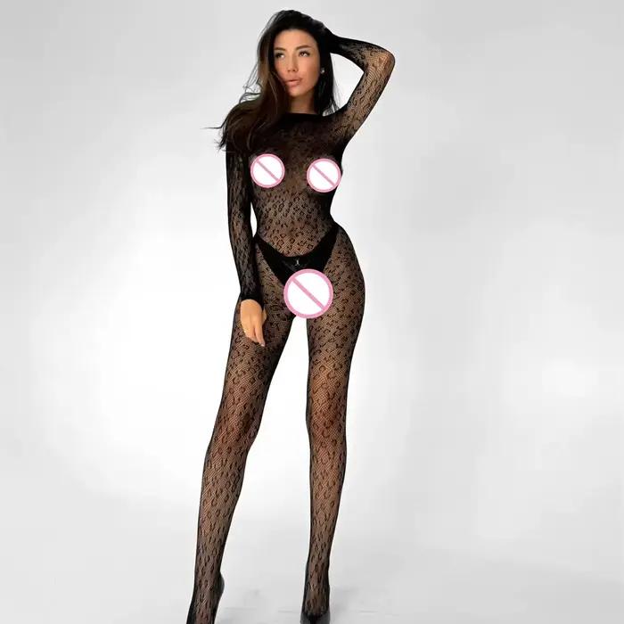 Femmes Lingeries Léopard Vintage Mode À Lacets Costumes Noir Sexy Slim Body Combinaison Streetwear À Manches Longues Dos Nu Moulante