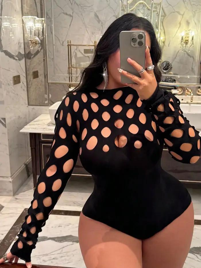 Combinaison sexy pour femme, grande taille, en résille, moulante, couleur unie, manches longues, tendance