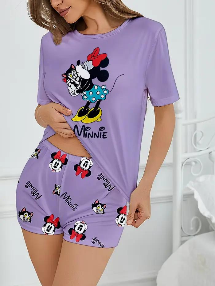 Pyjama 2 pièces pour femmes, haut à manches courtes et short à motif de dessin animé Disney Minnie, vêtements de maison