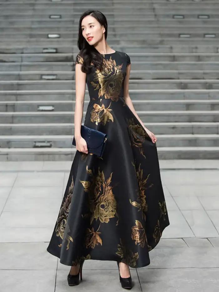 Elegantné vintage žakárové šaty pre ženy s vypasovaným pásom a rozšírenou maxi siluetou