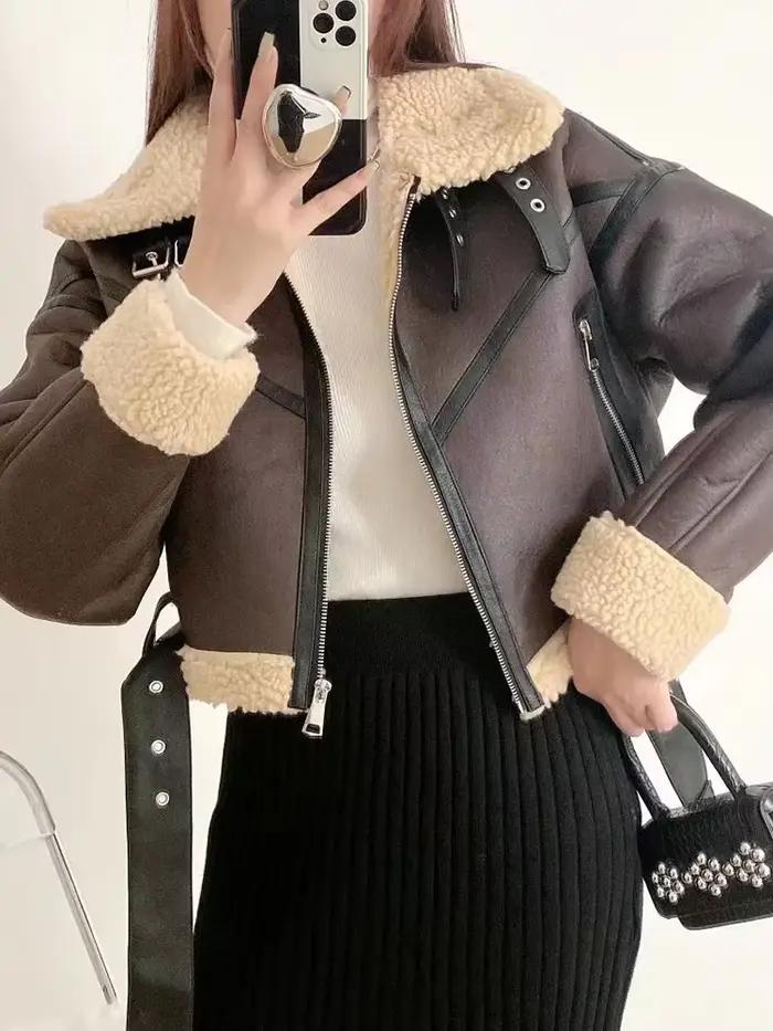 Ailegogo zimná dámska streetwear bunda z umelej jahňacej kožušiny s opaskom Moto Biker hrubý teplý kabát