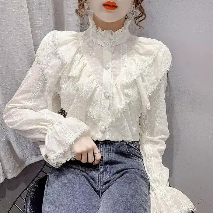 Voľné dlhé rukávy jarná módna gombíková biela elegantná blúzka so stojačikom a riasením