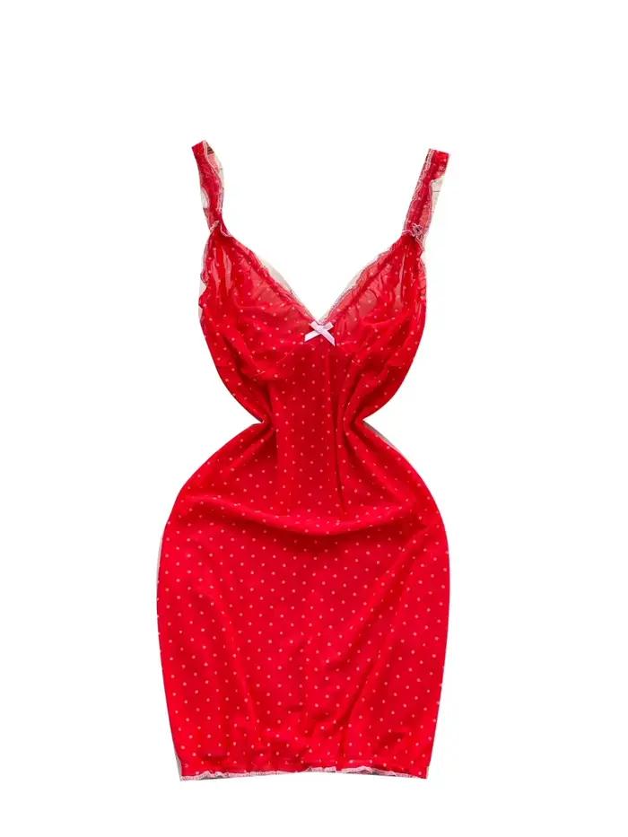 Foamlina 2025 été maille moulante Mini robe pur désir fille chaude licou à pois taille cintrée jupe ajustée rouge Mini robe