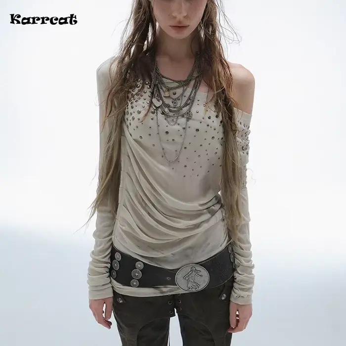 Karrcat Grunge Estetické Mimo Rameno Tričko Trashy Y2k Diamantová Potlač Vintage 2000-tych Roky Streetwear Punk Štýl