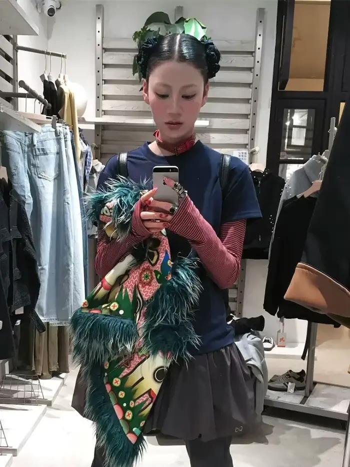 Tonngirls Harajuku Patchwork Tričko pre ženy s dlhým rukávom pásikavé falošné dvojdielne topy Streetwear Y2k Vintage