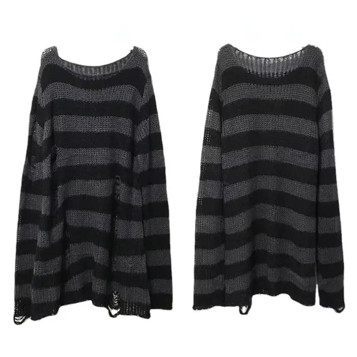 Nové punkové gotické dlhé unisex letné tričko pre ženy pruhované cool dierované roztrhané voľné rockové tenké tmavé streetwear