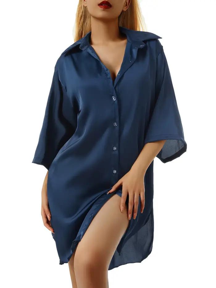 Chemise de nuit à manches mi-longues pour femmes, chemise de nuit à boutonnage simple, sous-vêtements d'été, vêtements de maison, salon, 4 couleurs