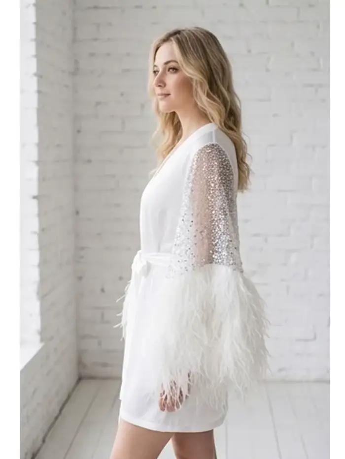 Robe de mariée de luxe en soie avec manches à plumes et sequins, peignoir de boudoir, lingerie de mariage, robe de chambre courte pour femme