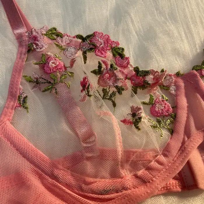 Ensemble de lingerie rose pour femme, sous-vêtements en dentelle, broderie féerique, ensembles de soutien-gorge et culottes, kits de lingerie