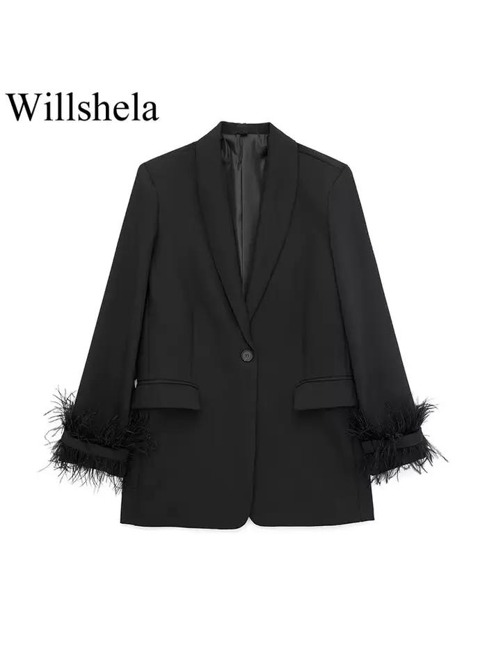 Willshela dámsky módny saténový čierny s perím Blazer sako Vintage výstrih s chlopňou jeden gombík dlhé rukávy dámske oblečenie