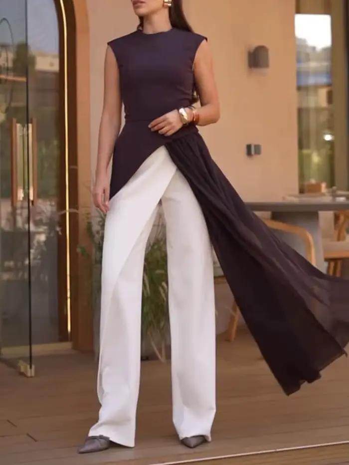 TWOTWINSTYLE pevná tenká spletená riasená nepravidelná blúzka pre ženy s okrúhlym výstrihom bez rukávov s vysokým pásom dlhá B