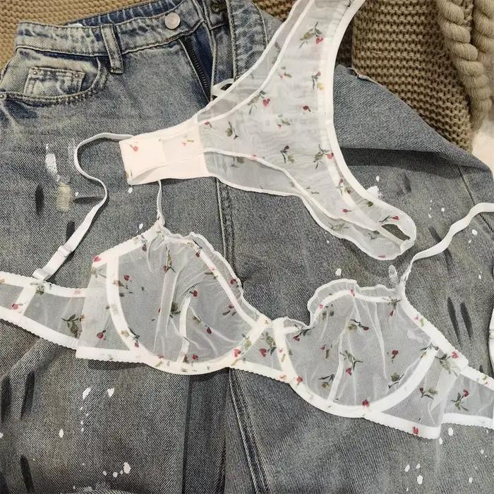 Ensemble de Lingerie à imprimé Floral pour femmes, soutien-gorge Sexy en dentelle, français, Ultra fin, respirant, intimes, sous-vêtements doux