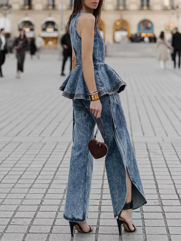 TWOTWINSTYLE Dvojdielny džínsový set s vrstvenými záhybmi pre ženy
