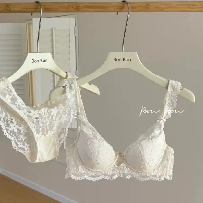 Ensemble de soutien-gorge en dentelle française pour filles, Anti-affaissement, anneau en acier doux, froncé, petite poitrine, Illusion de coton, bonnet 3/4, sangle fixe