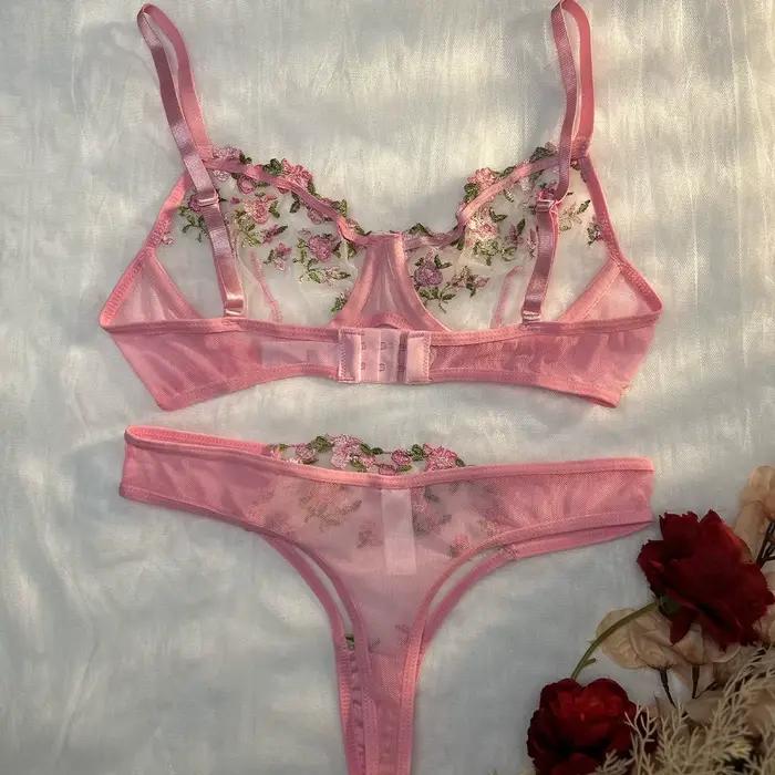 Ensemble de lingerie rose pour femme, sous-vêtements en dentelle, broderie féerique, ensembles de soutien-gorge et culottes, kits de lingerie